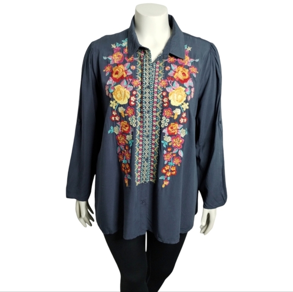 Giddy Up Glamour Women's Embroidered Floral Boho Cottagecore Colorful Top 1X - Picture 5 of 7